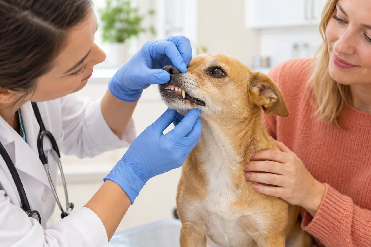 Veterinarian gently inspecting a dog’s mouth with the owner beside it
