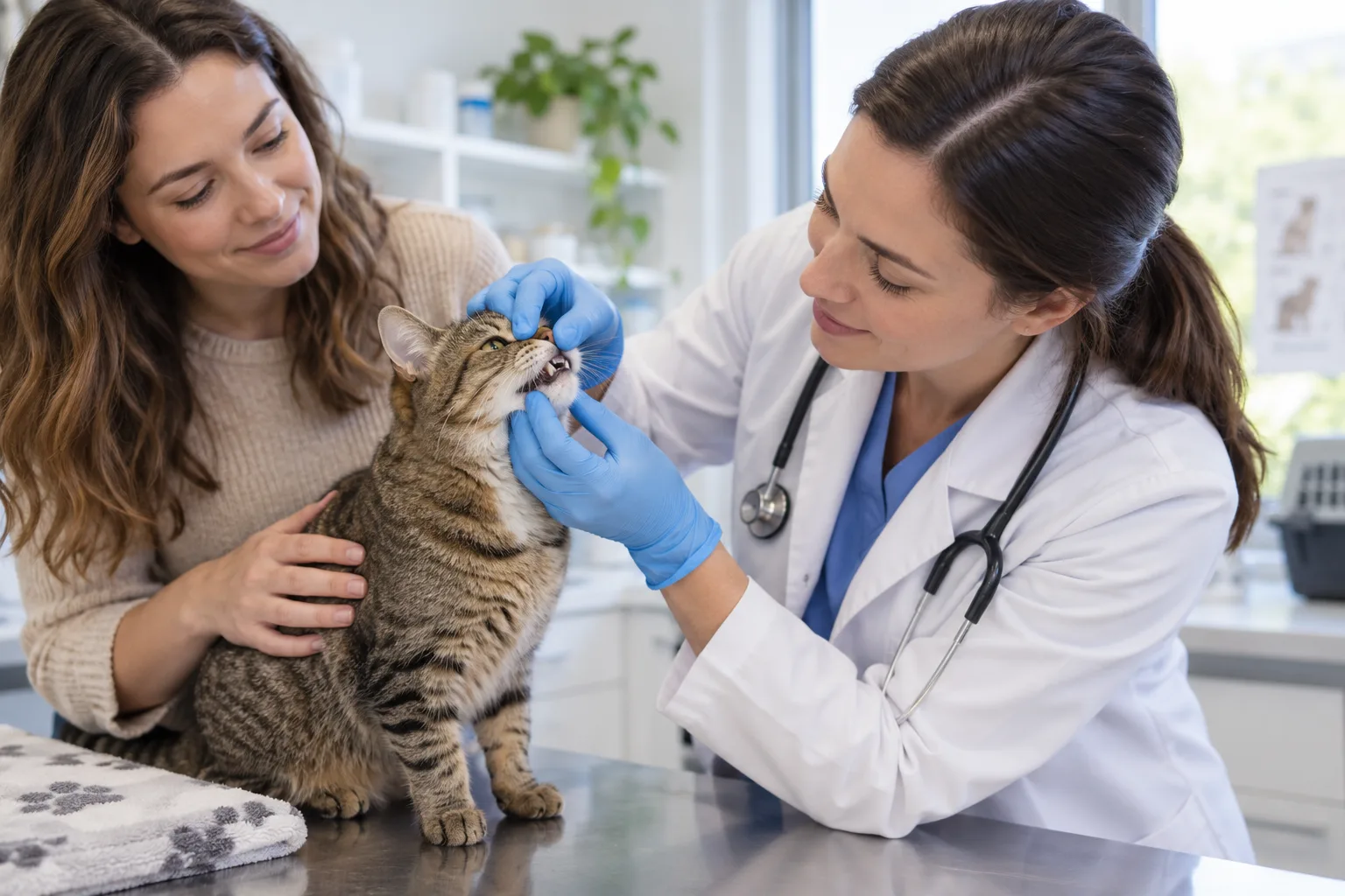 Veterinarian examining a tabby cat’s mouth beside its owner